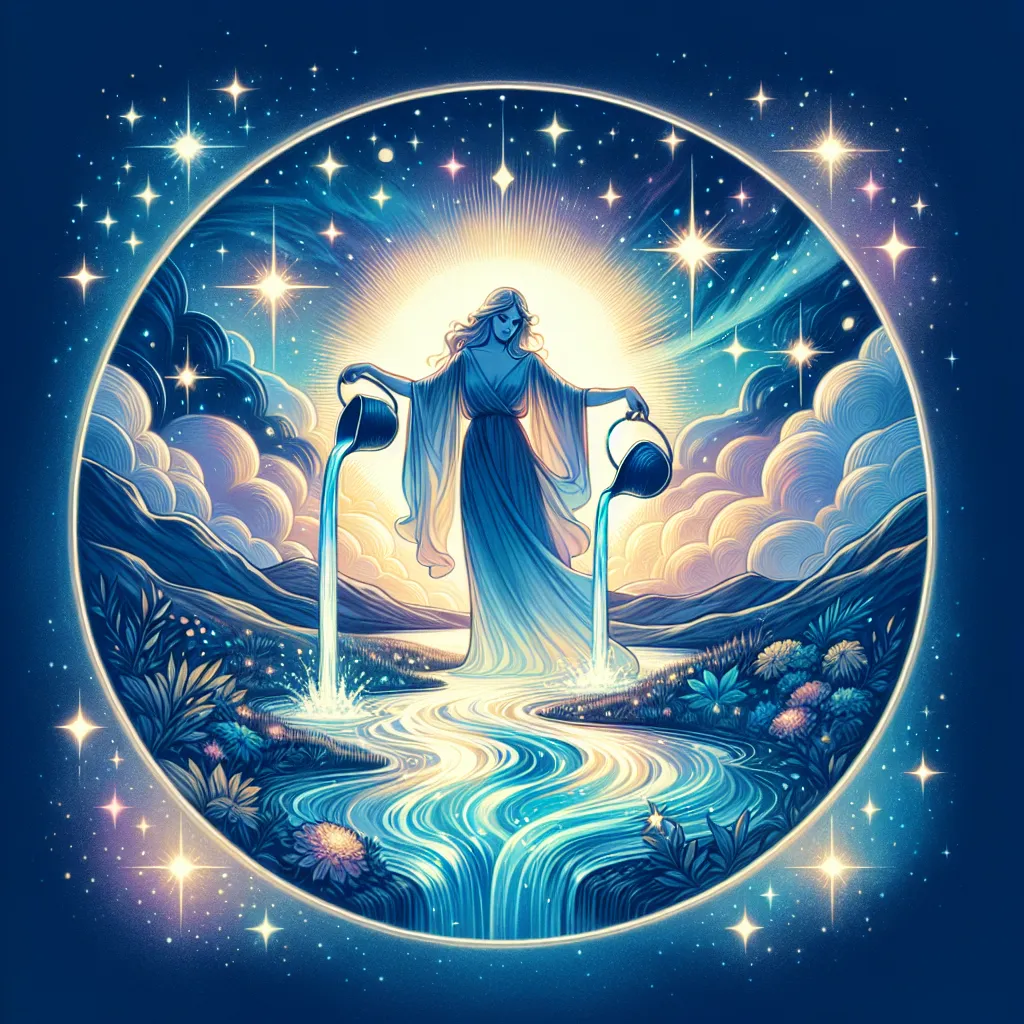 Create an ethereal and serene scene featuring 'The Star' tarot card imagery. Illustrate a starry night sky over a tranquil landscape with a flowing river or pool. Include a radiant and hopeful figure, gracefully pouring water from two vessels, one into the water and the other onto the earth, symbolizing renewal and inspiration. The figure should be surrounded by stars that twinkle with vibrant hues, conveying a sense of calm, hope, and infinite potential.