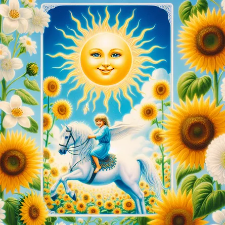Create a vibrant image of a tarot card titled 'The Radiant Sun'. In this card, depict a radiant sun beaming warmth, possibly portraying a friendly, smiling face. The backdrop should include a clear blue sky and lush sunflowers, at their peak bloom, representing the themes of abundance, vitality, and joy. Foregrounding the scene, illustrate a lively child, filled with glee, riding a white horse. This represents innocence, purity, and life's joy. The entire scene should emanate the feelings of positivity, hope, and vitality.