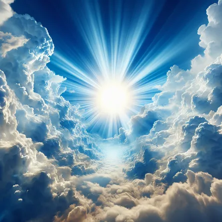 A grand scene where a radiant sun discloses itself in the middle of the day, emerging through an expanse of white, fluffy clouds. Its beams of intense light pierce through this cloud-covered canvas, symbolizing the notions of enlightenment, clarity, and warmth. The sky stands as an intensely vivid and unending backdrop, presented in a shade of bright azure. This eye-catching spectacle demonstrates Mother Nature displaying her illuminating magnificence.
