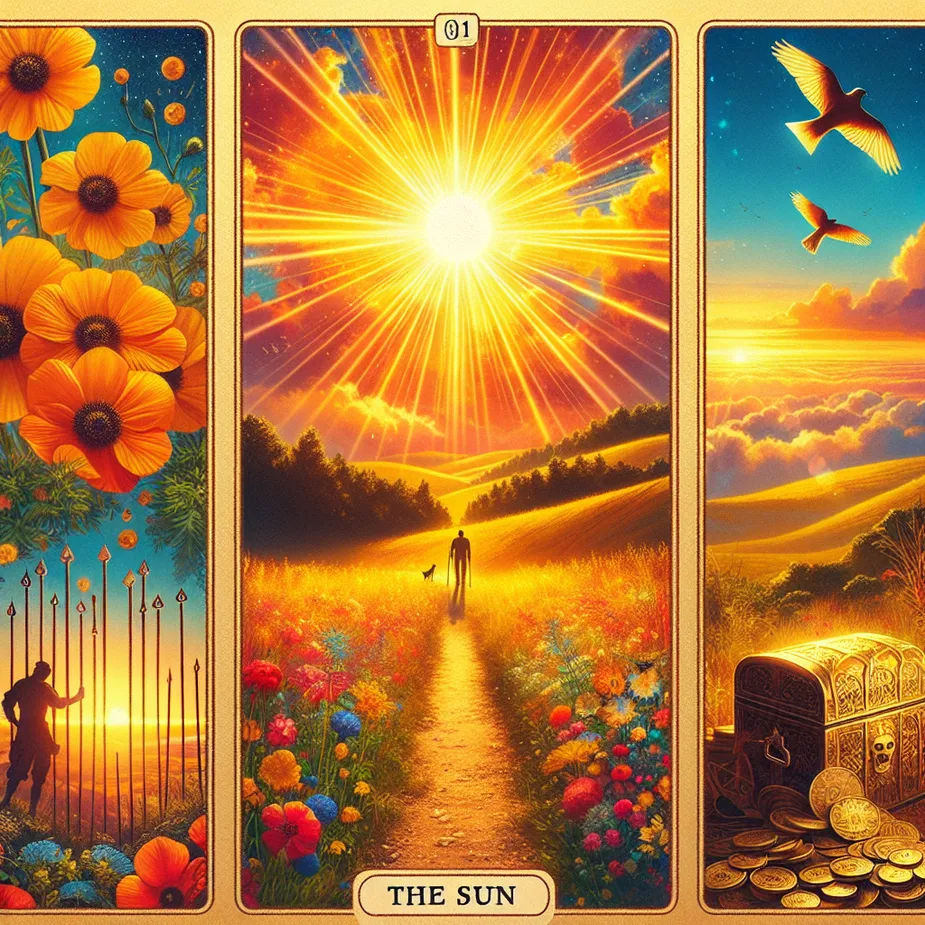 Create an image of a vibrant sunrise, its radiant and golden beams extending onto a clear path amidst an open landscape. Evoke the concept of the Tarot card, The Sun, with elements symbolising joy and vitality - a burst of fresh flowers, jubilant birds in flight. In the foreground, subtly depict symbols of struggle such as heavy sacks or climbing equipment, hinting towards the Ten of Wands Tarot card. Follow the sunlit path, leading to a half-buried antique chest with an imposing lock, or a silhouetted figure firmly grasping onto a sizeable coin symbolizing the Four of Pentacles Tarot card. The composition should stir feelings of warmth whilst sparking a profound sense of journey and introspection.