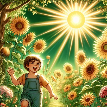 A picture representing the feeling of warmth and vibrancy, showing a bright sun radiating energy and optimism over a lush, green garden. In this garden, there are myriad sunflowers in full bloom, their yellow petals reaching for the light. In the midst of this natural abundance, a happy child of unspecified gender and descent is playing with sheer joy, waving a vivid red flag. The scene captures feelings of positivity and youthfulness which are congruent with the essence of the Tarot card 'The Sun'.