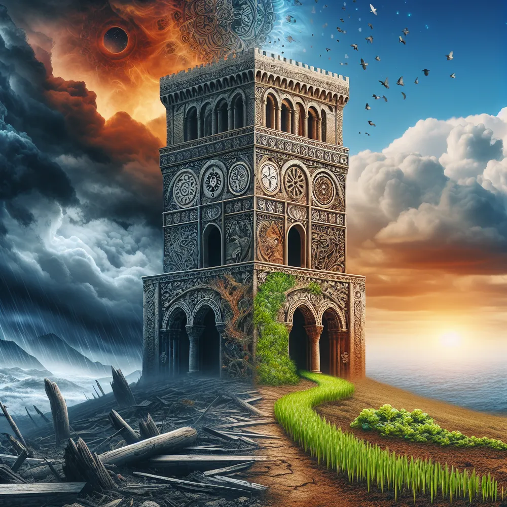 Create an image of a medieval tower intricately decorated with symbols of personal transformation, resilience, and rebirth. The tower stands majestically against a dramatic backdrop, transitioning from a tempestuous storm on one side to a tranquil, serene sunrise on the other, deeply signifying a journey through turbulence and upheaval towards fresh horizons and new beginnings. The terrain beneath is littered with remnants of an older tower structure, amidst which vibrant shoots of green are emerging, vividly underlining the potent symbol of rejuvenation and growth after enduring a phase of significant change.