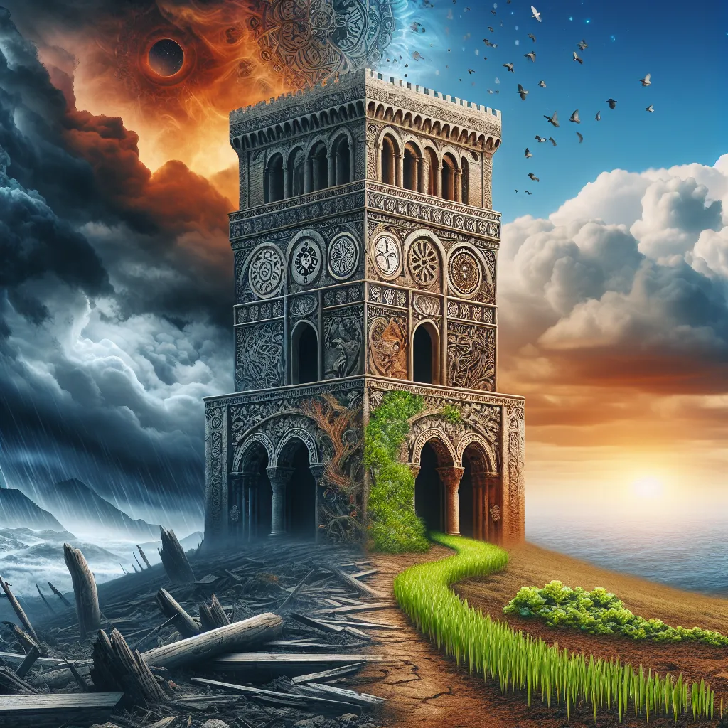 Create an image of a medieval tower intricately decorated with symbols of personal transformation, resilience, and rebirth. The tower stands majestically against a dramatic backdrop, transitioning from a tempestuous storm on one side to a tranquil, serene sunrise on the other, deeply signifying a journey through turbulence and upheaval towards fresh horizons and new beginnings. The terrain beneath is littered with remnants of an older tower structure, amidst which vibrant shoots of green are emerging, vividly underlining the potent symbol of rejuvenation and growth after enduring a phase of significant change.