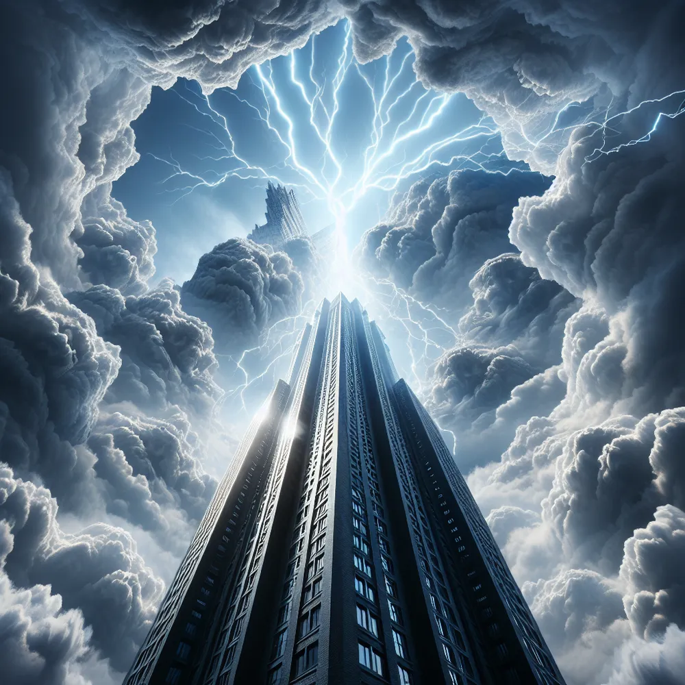 A towering edifice, rising high in the sky, stands against a backdrop of churning, tempestuous clouds. The moment captures a bolt of lightning as it strikes the structure, causing fracturing lines to race across its surface. The image radiates with the energy, signifying impending tumultuous change and metamorphosis.