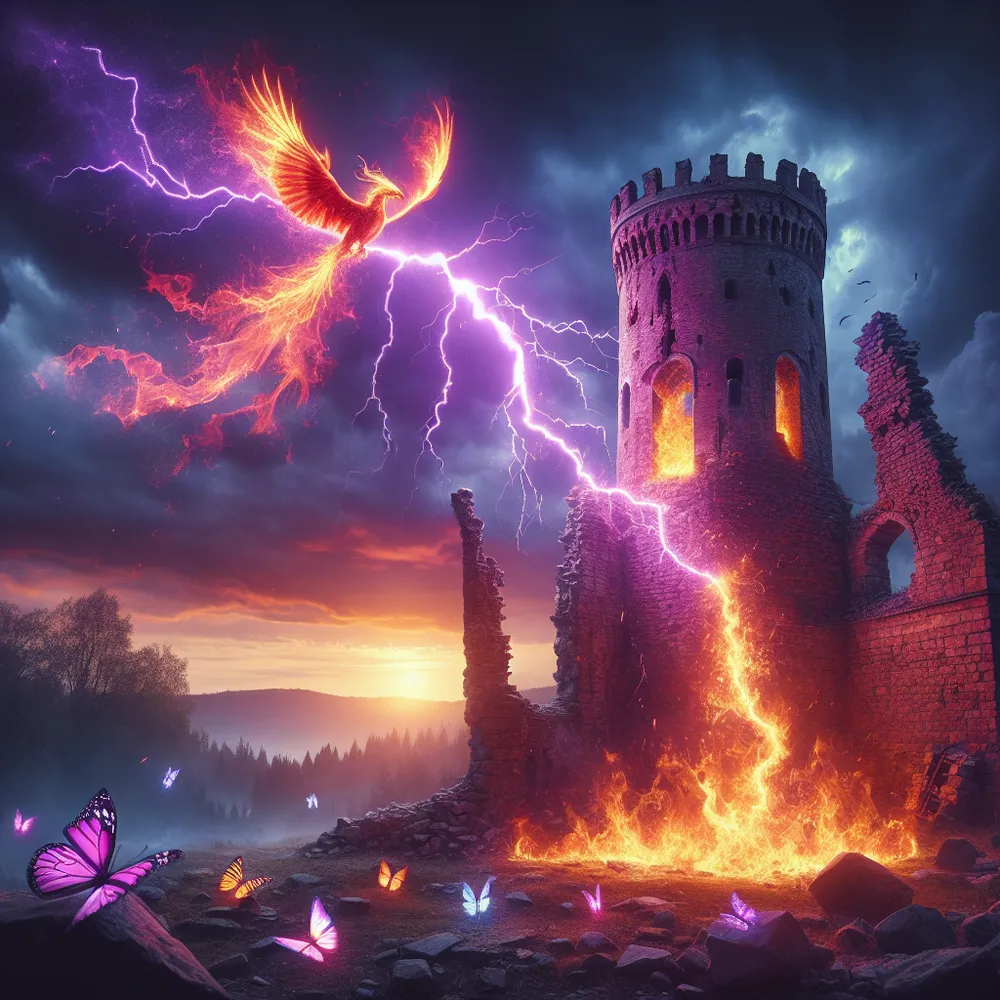 Visualize an ancient, dilapidated medieval tower standing tall in the foreground. It is being hit by a powerful bolt of lightning, illuminating the scene and reflecting off the falling stones. The dramatic twilight sky above is painted with hues of purple, pink, and orange, gradually darkening as it gets higher. On the ground below, amidst the rubble, is a fiery phoenix majestically rising from the ashes, its flames casting an otherworldly glow. But life anew isn't only in the flames, as nearby, butterflies of various colors are emerging from their cocoons, adding a softer touch of transformation to the charged atmosphere.
