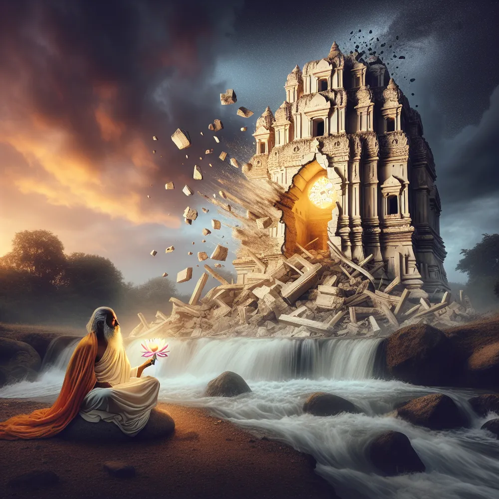 Create an image of a South Asian male philosopher, cloaked in robes signifying wisdom, sitting in a meditative pose at the base of a crumbling ivory tower under a twilight sky. The tower, showing signs of wear and age with visible cracks, radiates a glow from within, symbolising enlightenment through trials. His gaze is focused on the falling debris, symbolizing the disintegration of old perspectives, while clutching a single, radiant lotus bud that signifies the hope for renewal and prosperity. He sits apart from the chaos, along the banks of a rapidly flowing river bordered by rocks, symbolizing swift change and transformation.