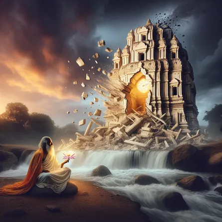 Create an image of a South Asian male philosopher, cloaked in robes signifying wisdom, sitting in a meditative pose at the base of a crumbling ivory tower under a twilight sky. The tower, showing signs of wear and age with visible cracks, radiates a glow from within, symbolising enlightenment through trials. His gaze is focused on the falling debris, symbolizing the disintegration of old perspectives, while clutching a single, radiant lotus bud that signifies the hope for renewal and prosperity. He sits apart from the chaos, along the banks of a rapidly flowing river bordered by rocks, symbolizing swift change and transformation.