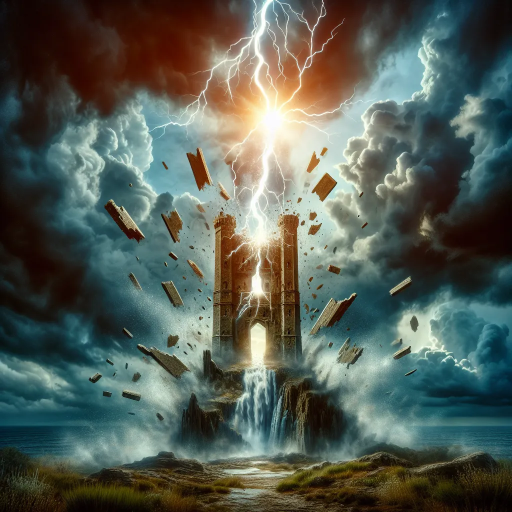 Depict a scene featuring the major arcana tarot card known as The Tower. Display a towering old stone structure under the wrath of a thunderous stormy sky being struck by a bolt of lightning. This symbolizes sudden upheavals and transformation. The force is dismantling the top part of the tower, with a burst of radiant light breaking through the dark, threatening clouds, indicating a hint of new beginnings and enlightenment. Incorporate elements like scattering fragments to emphasize the power of change and resilience amidst chaotic situations. The overall composition should be dynamic and dramatic, embodying the essence of The Tower's themes.