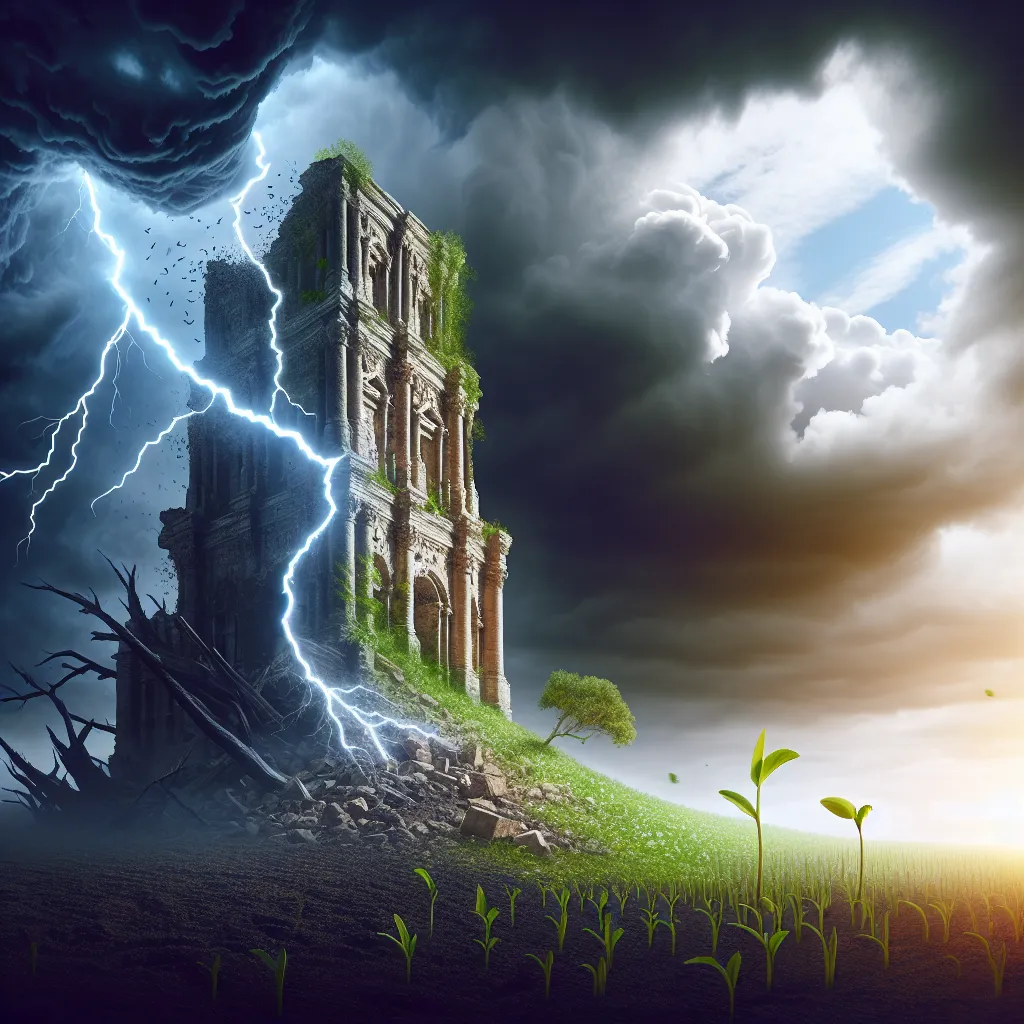 Create an image depicting a grand, ancient tower in the midst of a stormy scene, with lightning striking its side, symbolizing sudden change and upheaval. The tower should be partially crumbling, yet amidst the chaos, new green shoots of plants begin to grow around it, representing renewal and growth. The sky should feature a contrast between dark storm clouds and a glimmer of clear sky on the horizon, hinting at hope and potential for rebuilding.