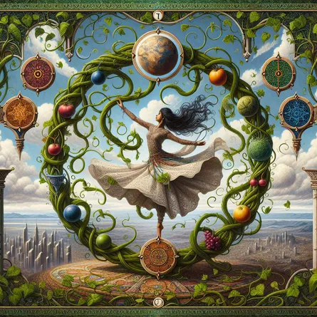 A mystical landscape influenced by the four suits from the deck of Tarot - wands, cups, swords, and pentacles. The area is dominated by each symbol intertwined seamlessly within the view. At the center, a South Asian woman represents the universe, exhibiting grace in her dance, her woven dress swirling around her ethereally. She is captured within the circular frame of The World card, which is designed from lush, green plant vines bearing ripe fruits. Behind this frame, a cityscape, representing the tangible world, expanses into the horizon.