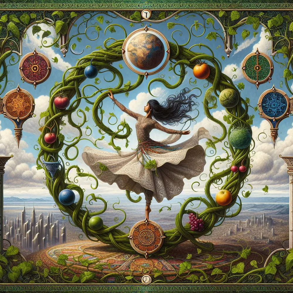 A mystical landscape influenced by the four suits from the deck of Tarot - wands, cups, swords, and pentacles. The area is dominated by each symbol intertwined seamlessly within the view. At the center, a South Asian woman represents the universe, exhibiting grace in her dance, her woven dress swirling around her ethereally. She is captured within the circular frame of The World card, which is designed from lush, green plant vines bearing ripe fruits. Behind this frame, a cityscape, representing the tangible world, expanses into the horizon.