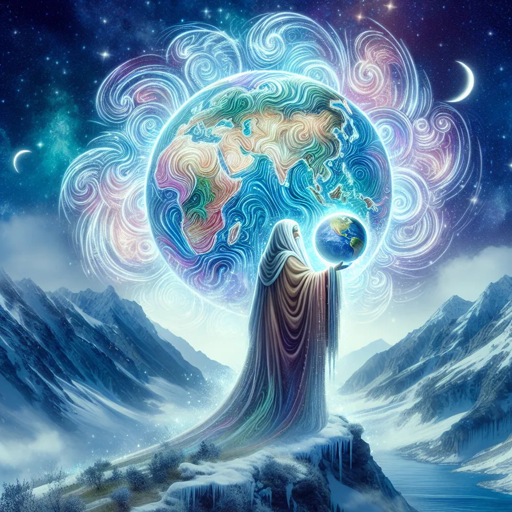 Create an image of a wise, Middle-Eastern woman standing atop a snowy mountain peak, holding aloft a detailed globe that features all the continents. Swirling around this figure and the globe is an energy that shimmers in ethereal colors, suffusing the scene with a sense of unity and divination. This energy pattern symbolizes The World tarot card. This card denotes completion, integration, accomplishment, and travel, imbuing the entire scenario with a powerful, mystic aura.