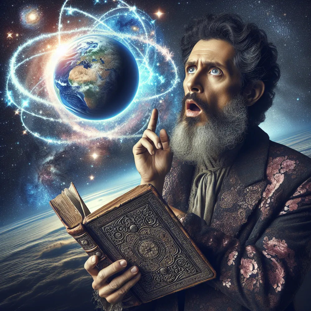 An awe-struck male philosopher of Hispanic descent stands firmly with an intricate, antique book in one hand while gazing towards an ethereal, illuminated rendition of 'The World' tarot card floating in the interstellar space. Stars and galaxies create a heavenly halo around the card giving it a celestial appearance. The planet earth, appearing small and distant, is visible beneath. The philosopher's expression mirrors a mix of astonishment and comprehension.