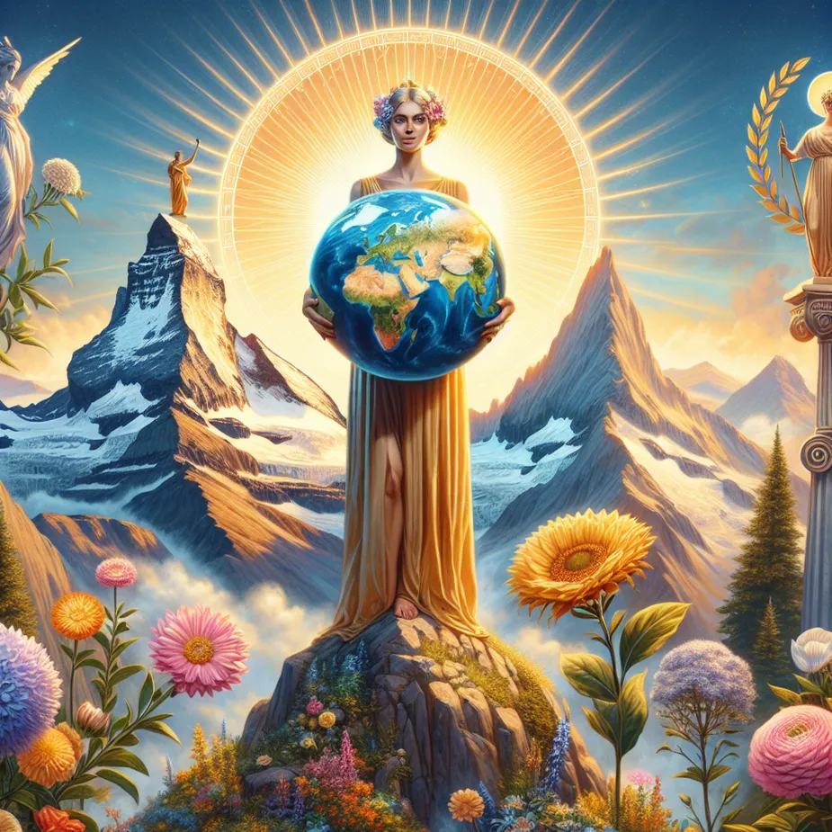 Create a depiction of a Caucasian woman standing at the peak of a towering mountain, holding a magnificent globe in her hands. She represents 'The World' tarot card. Blooming flowers, a golden laurel wreath, and a brilliant sun rising from behind the stunning mountain enhance her surroundings, acting as surreal symbols of growth and achievement. She is dressed in attire similar to those worn by women of authority in ancient Rome, resonating with elements of stoic philosophy. The overall scene radiates an ambiance of victory, tranquility, and profound comprehension.