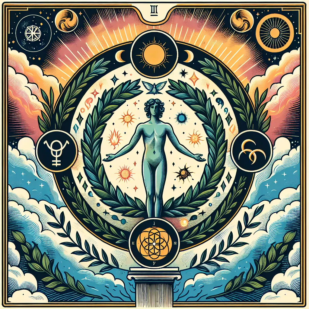 Create a detailed and vibrant illustration of 'The World' tarot card, featuring a central figure surrounded by a large laurel wreath. The figure should embody a sense of harmony and fulfillment, standing in a graceful pose. Around the wreath, depict elements symbolizing the four classical elements: earth, air, fire, and water. Include celestial symbols that suggest unity and completion. Use a color palette that conveys a sense of serenity and achievement, with harmonious gradients and intricate designs reminiscent of classic tarot imagery.