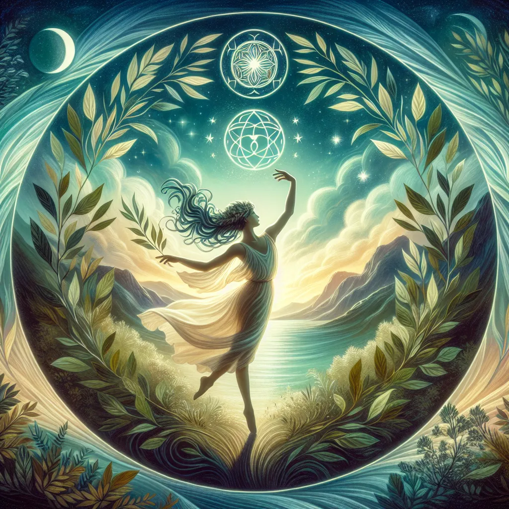 Create an ethereal image of The World from the tarot deck: a graceful dancer in mid-motion, surrounded by a laurel wreath, symbolizing harmony and completion. The setting blends elements of nature—lush landscapes, celestial skies with stars, and a sense of cosmic balance. The dancer embodies the essence of achievement and wholeness, with a serene and confident expression. Incorporate soft, harmonious colors like deep blues, vibrant greens, and golden hues to evoke a sense of fulfillment and celebration.