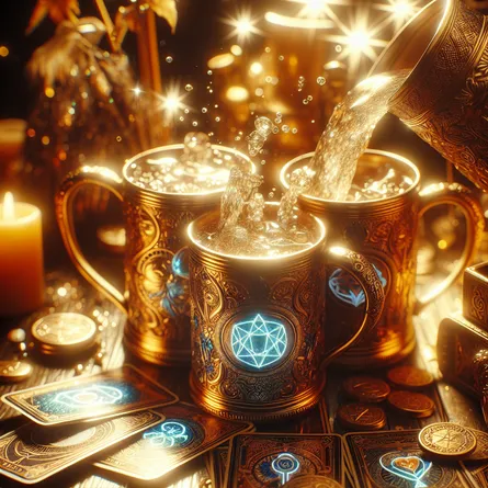 Craft an image that portrays three richly adorned mugs, shimmering and spilling over with picture-perfect sparkling water, reflecting the sentiments of joy, gathering, and unity. The scene should be dominantly featuring warm golden hues, suggesting the luminous aura of camaraderie. Gently incorporate small holographic symbols of pentacles, together with a mythical magician's kit residing in the backdrop, subtly associating this image with the broader garland of tarot cards. The overall setting should evoke a vibe of excess, fellowship, and potential.