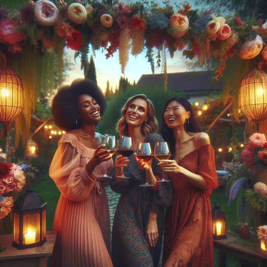 Three women of diverse descent, one Black, one Caucasian, and one Asian, joyously clinking their wine glasses under an elegantly draped arch of richly colored flowers and lush green vines. The setting embodies a picturesque outdoor garden aglow with the mellow hues of sundown, enhancing the blissful atmosphere of an ongoing party. Various lanterns, radiating a gentle warm light, hang amidst the leafy branches of the surrounding trees. The entire scene abounds in warm tones, presenting an inviting ambiance that perfectly captures a peaceful and jubilant celebration.