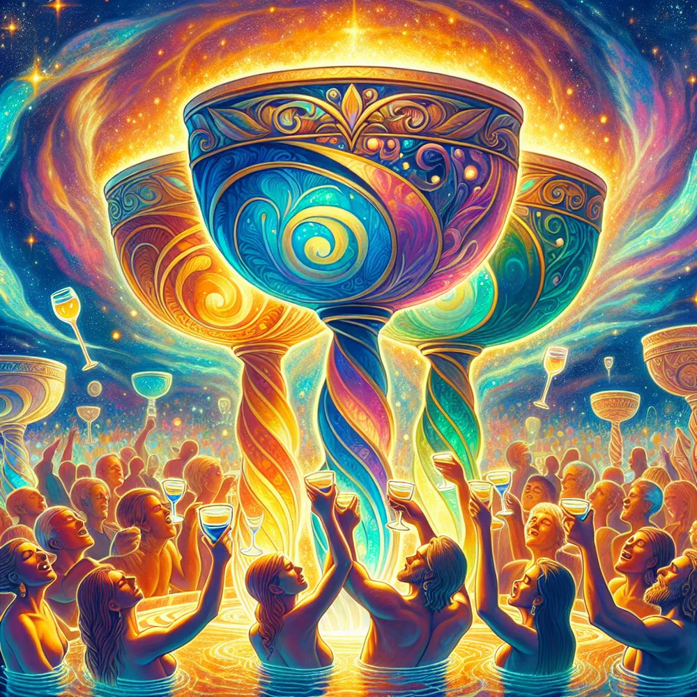 A depiction of a vibrant celebration scene abuzz with companionship and joy. Visualized are three magnificent, ornately designed chalices filled to the brim and glowing with an otherworldly light. These cups are lifted high by a beautiful array of elegantly intertwined hands that signify support and unity across different races, including Caucasian, Hispanic, and Middle-Eastern individuals. Swimming in a golden bath of warm sunlight in the backdrop, a lively garden party comes alive where people of all genders, colors, and ages are seen sharing laughter and fascinating stories.