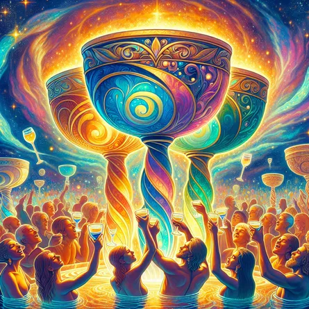 A depiction of a vibrant celebration scene abuzz with companionship and joy. Visualized are three magnificent, ornately designed chalices filled to the brim and glowing with an otherworldly light. These cups are lifted high by a beautiful array of elegantly intertwined hands that signify support and unity across different races, including Caucasian, Hispanic, and Middle-Eastern individuals. Swimming in a golden bath of warm sunlight in the backdrop, a lively garden party comes alive where people of all genders, colors, and ages are seen sharing laughter and fascinating stories.