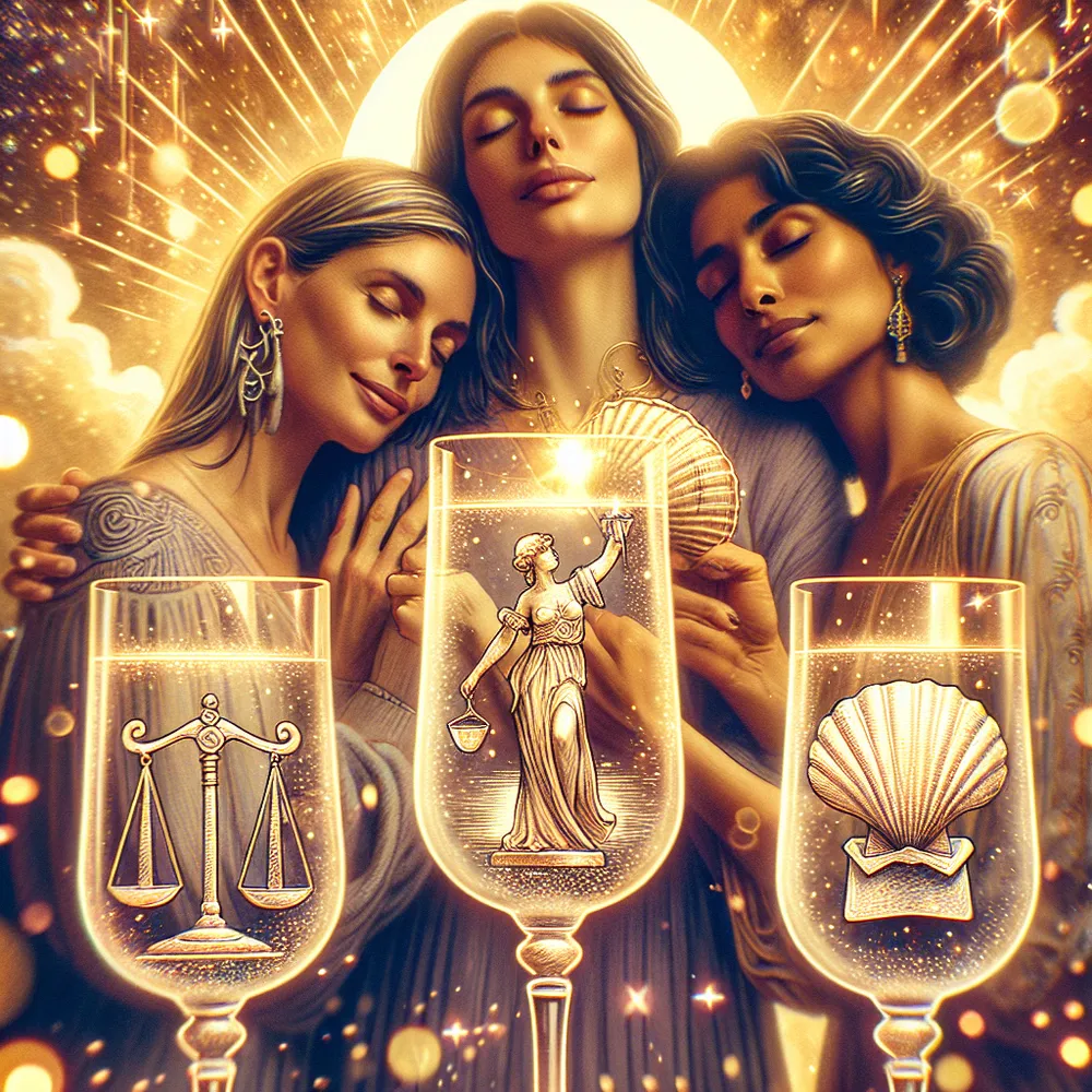 Create an image showcasing three women: one Caucasian, one Hispanic, and one South Asian, all toasting with detailed and elegant goblets amidst a cloud of sparkling particles, denoting a joyous celebration. The background is bathed in a warm golden light that amplifies the sense of warmth and camaraderie. One woman is cuddling a sizable seashell to her chest, emulating the symbolism connected to the Page of Cups from the Tarot tradition. In the foreground, a pair of balanced scales is meticulously carved into one of the goblets, standing as a representation of the Justice tarot card.
