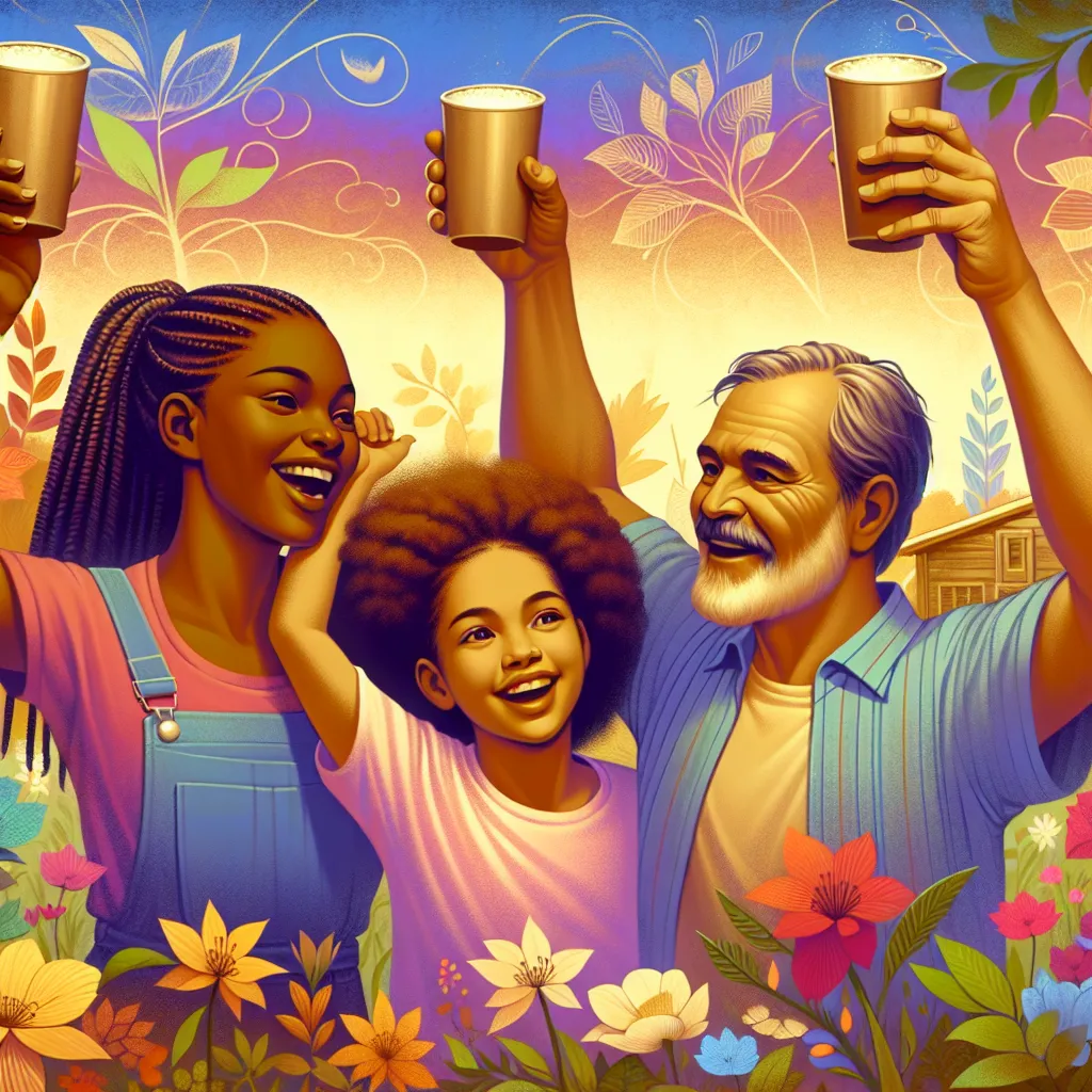 Create an artwork depicting three joyful figures raising their cups in celebration. The first figure is a young Black woman with braids up in a high ponytail, the second is an older Hispanic man with a thin mustache, and the third is a South Asian child with short, curly hair. They are standing in a lush garden under a bright sky, surrounded by flowers and greenery. Their expressions are filled with happiness and camaraderie, embodying the essence of friendship and community. Ensure the scene is vibrant with warm, inviting colors to evoke a sense of joy and togetherness.