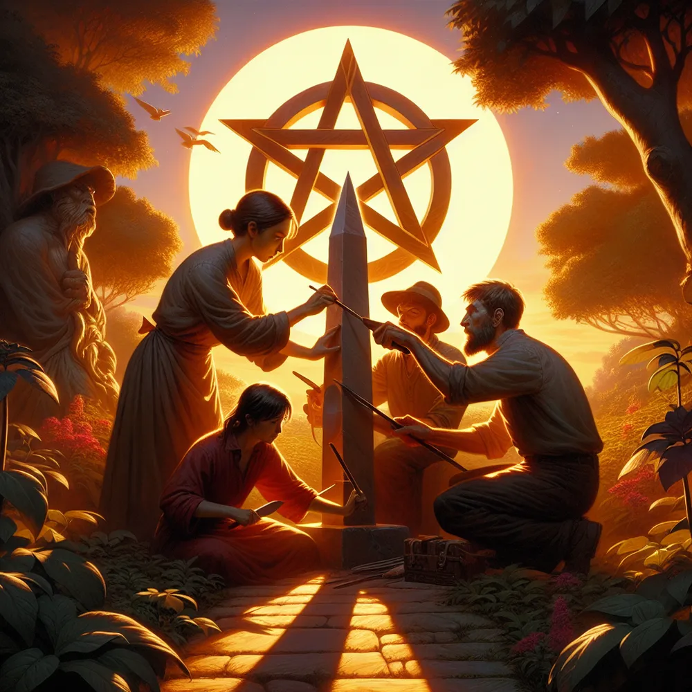 A peaceful garden scene with three individuals of different descents - a South Asian woman, a Caucasian man, and a Middle Eastern man - collaborating meticulously on carving a large, shining pentacle. The setting sun paints the surrounding environment and their figures with a warm, orange glow, casting long, dramatic shadows. Their expressions are one of deep concentration, reflecting the shared effort they're investing in their joint task.