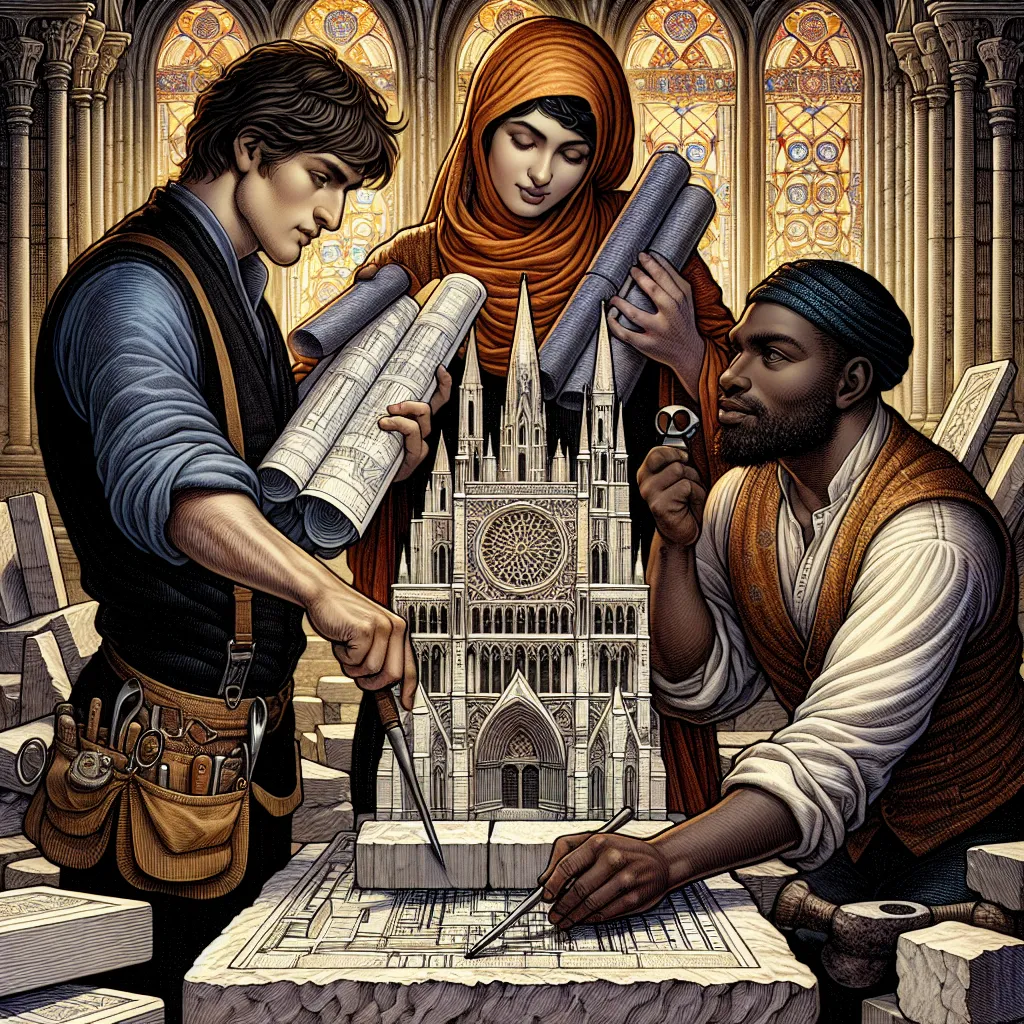 An intricately detailed illustration of the Three of Pentacles tarot card, showcasing three individuals of diverse descents - a Caucasian man holding blueprints, a Middle Easterna lady chiseling stone, and a Black man offering guidance. They work harmoniously together on a large stone cathedral. The scene captures the essence of collaboration and craftsmanship. Gothic architecture and stained glass windows provide a backdrop, with rich, warm tones conveying a sense of skill, dedication, and unity. The expressions on their faces show focus and mutual respect, symbolizing teamwork in achieving a shared vision.