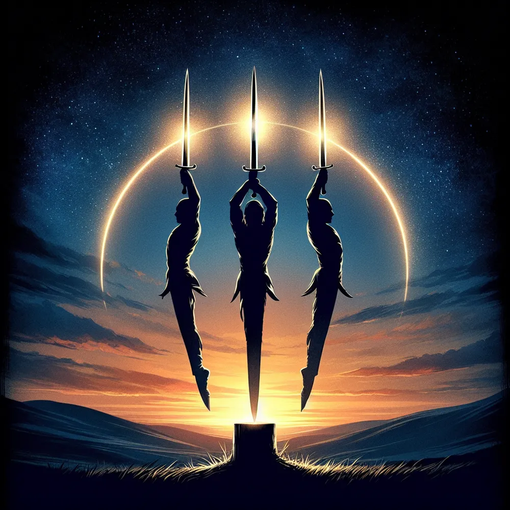 Visualize a captivating scene featuring a trio of swords, artfully arranged mid-dance. The swords are illuminated, casting a beacon-like glow upon their metallic surfaces. They are suspended in the temperate air, encapsulating an aura of tacit power and resilience. The background to this spectacle is the splendid canvas of a twilight sky, where the diminishing rays of the sun intertwine with the encroaching darkness of the night, thereby creating a sublime blend of colors, temperatures, and emotions. This symbolically represents the transformation of heartbreak into wisdom, evoking a strong sense of redemption and enlightenment.