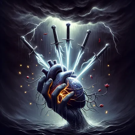 A hand emerging from the darkness holds three luminescent swords piercing a heart floating in the midst of a violent storm. The heart is troubled, swirling with shadows and flashes of light that mimic the storm around it. Yet the swords, despite their seemingly destructive purpose, glow with a healing light that illuminates the gloom. Tendrils of this light unfurl around the heart, catching the edges and causing small flowers to bloom unexpectedly amongst the tempest. Each bloom stands as a beacon of hope among adversity, a testament to resilience and the power to overcome.