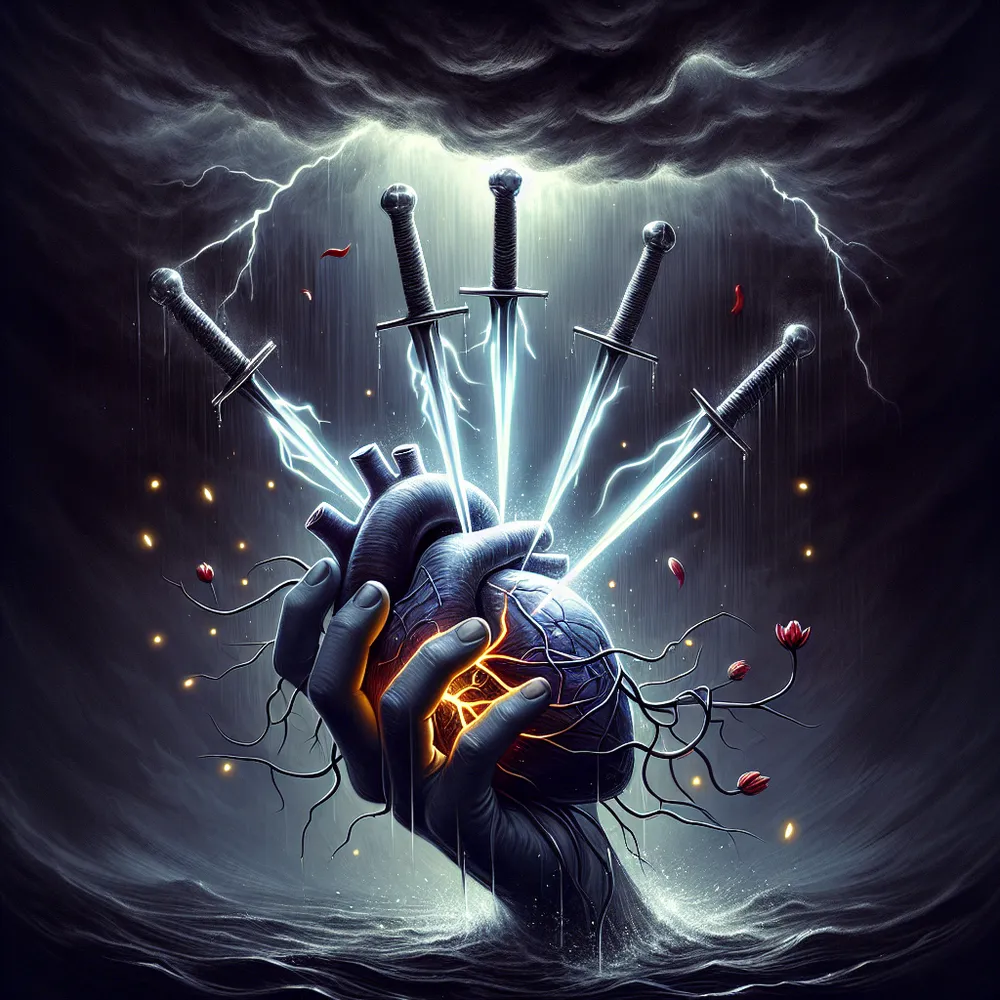 A hand emerging from the darkness holds three luminescent swords piercing a heart floating in the midst of a violent storm. The heart is troubled, swirling with shadows and flashes of light that mimic the storm around it. Yet the swords, despite their seemingly destructive purpose, glow with a healing light that illuminates the gloom. Tendrils of this light unfurl around the heart, catching the edges and causing small flowers to bloom unexpectedly amongst the tempest. Each bloom stands as a beacon of hope among adversity, a testament to resilience and the power to overcome.