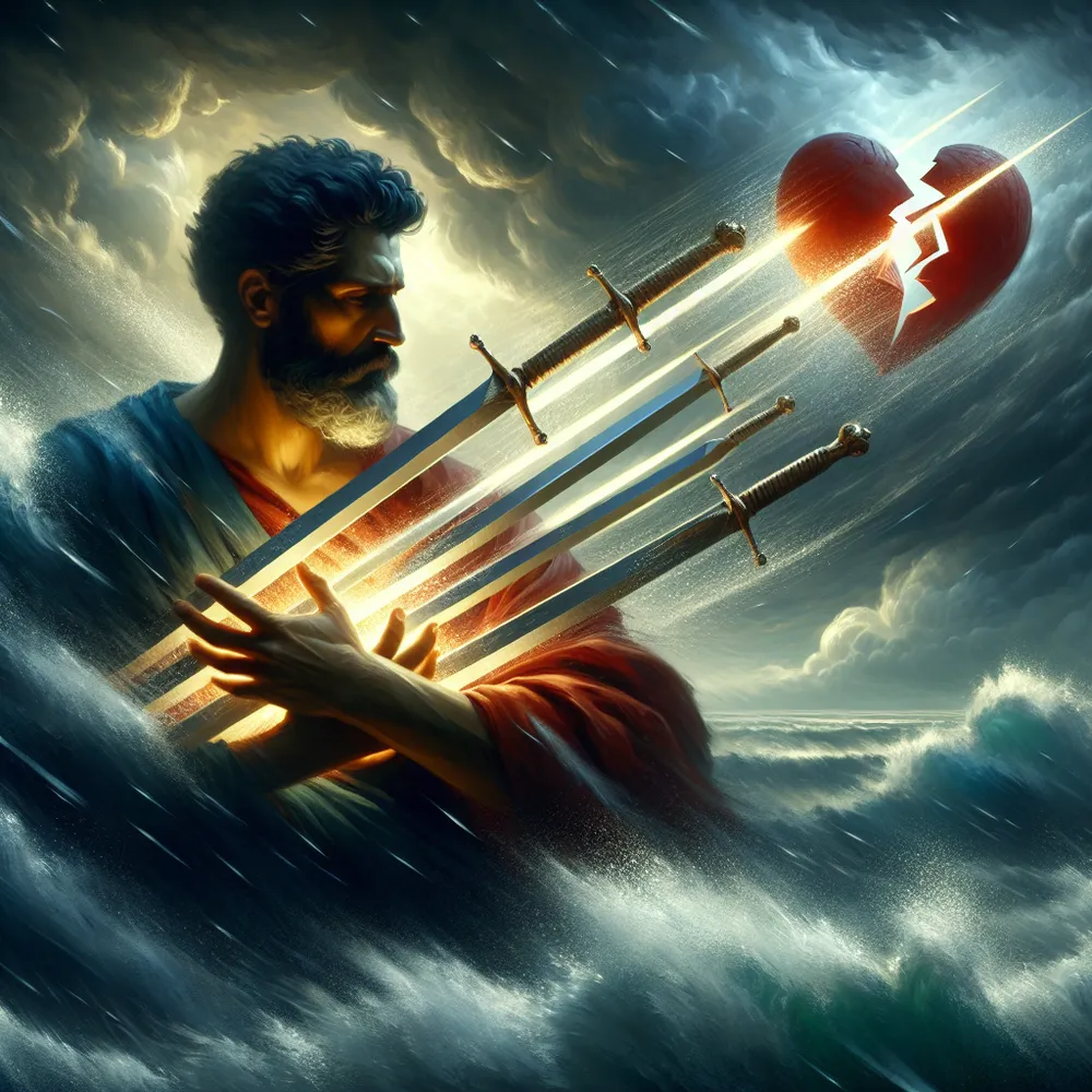 Depict an image of a stoic Hispanic male philosopher standing amidst a tumultuous storm, clutching three gleaming swords in his hand. The swords penetrate a fragmented heart floating in the atmosphere, symbolizing heartbreak and loss. Regardless of the tempestuous weather, the philosopher exudes an ambience of tranquility and determination, representing resilience and fortitude during periods of grief.