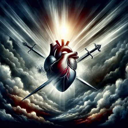 Generate a detailed illustration of a symbolic heart, intensely painted, with three gleaming swords piercing through it. Set this dramatic imagery against the backdrop of a stormy sky, tumultuous and bursting with greys and blues. Yet, even in this turbulent scenario, display stark rays of sunlight breaking through the billowing clouds as a representation of hope. Allow these rays to gently illuminate the heart and swords, casting long shadows and enriching the scene with a powerful contrast of light and dark.