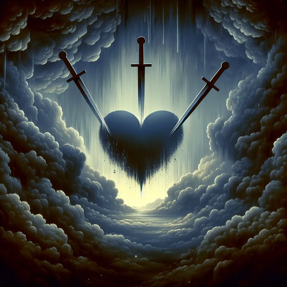 An image illustrating a vivid depiction of a dark, stormy sky filled with heavy, grey clouds. Amidst these clouds, appear three solid swords piercing through a floating heart at the center of the scene. Despite the ominous weather and the solemn symbol of sorrow, there are glimpses of bright light seeping through the clouds, representing a glimmer of hope amid the heartbreak.