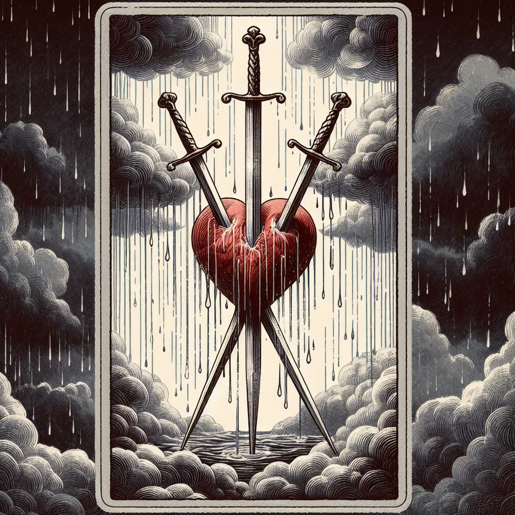 Create an artistic depiction of the Three of Swords tarot card. Illustrate a heart pierced by three swords, set against a backdrop of stormy clouds and rainfall. The scene should evoke a sense of poignant beauty and contemplation, capturing both the pain and the transformative potential of emotional experiences. Use a palette of muted grays and deep reds to emphasize the somber yet hopeful theme.