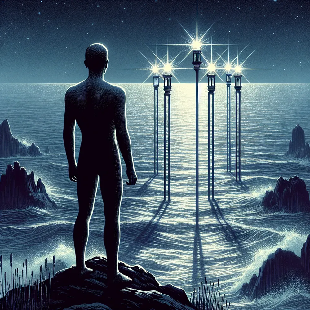 A human figure of ambiguous descent and gender stands atop a hill, looking out towards a vast open ocean. This ocean is uncharted, a symbol of mysteries yet to be discovered. Scattered across the ocean are three tall wand-shaped lighthouses radiating light, dotting the water's surface with glimmers of illumination. These lighthouses serve as symbols of guidance, foresight, and exploration, embodying the essence of the Three of Wands tarot card. Emphasize the anticipation in the stance of the figure, as they contemplate the future that lies beyond the ocean and the guidance from the lighthouses.