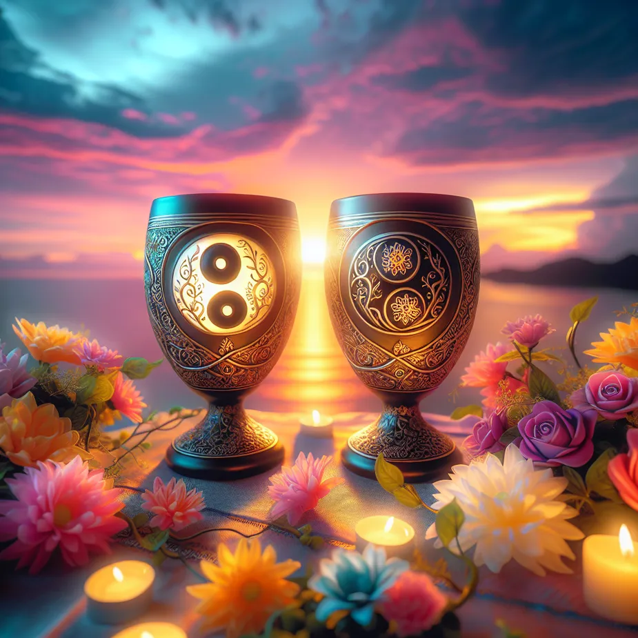 Envision an image showcasing two exquisitely crafted cups, resting on a table decorated with a variety of colorful blooms. The backdrop of this serene setting is a stunning sunset, with hues that illuminate and accentuate the beauty of the cups. Everything in this picture glows with a heavenly light, offering an almost dream-like quality. On the cups, incorporate symbols of unity and love, specifically a Yin and Yang representation and vines entwining each other in a harmonious dance.