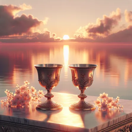 Visualize a peaceful scenario featuring two ornately designed chalices delicately making contact. They are situated on a table crafted from marble that is drenched in the tender, golden hues of a warm sunset, causing soft reflections to dance off the cups. Surrounding the chalices are petite blooming flowers, adding to the overall beauty. In the distant background, there spreads a serene, mirror-like sea that extends towards a horizon, all under the dwindling light of the setting sun.