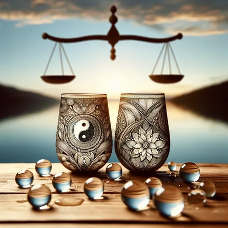 Create an image of two intricately-designed and equal-sized cups nestled among symbols of harmony, including the yin and yang symbol and balancing scales. They're sitting against a quiet backdrop which symbolizes tranquility — it could be a calm lake or a gentle sunset. Let each cup brim with crystal-clear, pristine water, signifying the bounty of positive emotional energies. Highlight the notions of connection, balance, and calmness throughout the scene.