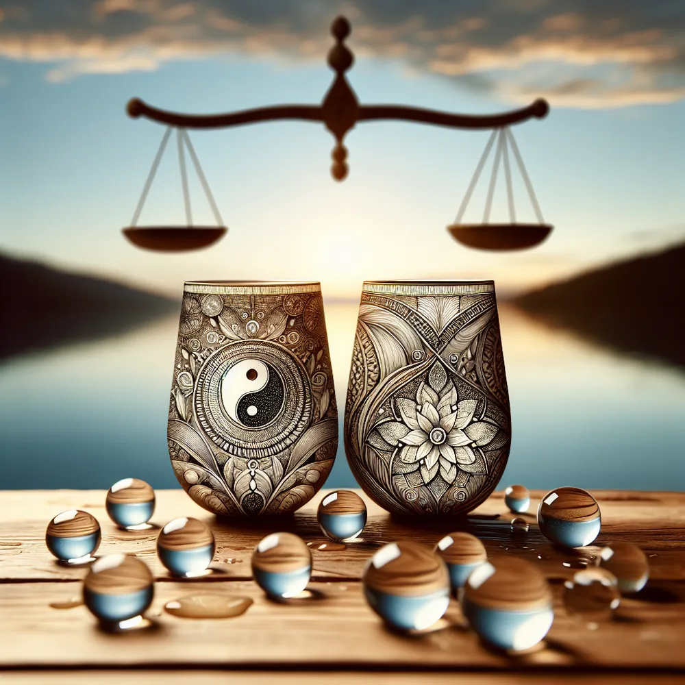 Create an image of two intricately-designed and equal-sized cups nestled among symbols of harmony, including the yin and yang symbol and balancing scales. They're sitting against a quiet backdrop which symbolizes tranquility — it could be a calm lake or a gentle sunset. Let each cup brim with crystal-clear, pristine water, signifying the bounty of positive emotional energies. Highlight the notions of connection, balance, and calmness throughout the scene.