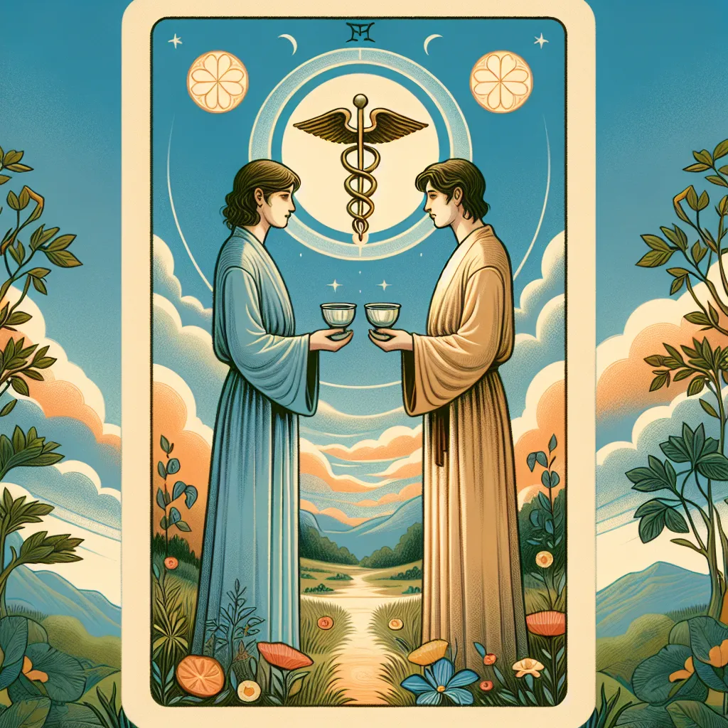 Create an illustration depicting the Two of Cups tarot card. The image should show a harmonious scene with two individuals exchanging their cups as a symbol of partnership and connection. They stand facing each other with a gentle, peaceful expression. Surrounding them is a serene landscape of vibrant greenery and a clear blue sky, symbolizing balance and mutual understanding. Emphasize a mystical, yet warm atmosphere, reflecting the deep bond and empathy shared between them. The traditional elements of a caduceus or entwined symbols signifying collaboration should be subtly incorporated in the background.