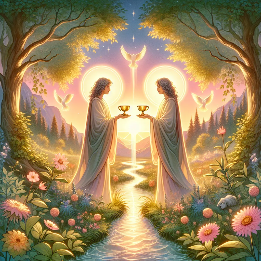 Create a serene and harmonious tarot-themed illustration depicting the Two of Cups. Set in an enchanting natural landscape at sunrise, showing two compassionate figures standing opposite each other, each holding a golden cup. A gentle stream flows between them, symbolizing unity and connection. Surround them with lush greenery and blooming flowers, emphasizing themes of balance, partnership, and mutual support. Include subtle mystical elements like soft, glowing auras around the figures and cups to evoke a sense of spiritual harmony.