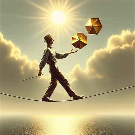 Visualize a poised, assured individual of South Asian descent striding confidently on a tightrope suspended high above a sparkling sea. The image captures the moment as they artfully juggle two shiny golden pentagonal-shaped objects. The once clear sky morphs into a scattering of clouds, framing the individual. Their hat is illustrative of the sun radiating its golden glow, adding a symbolic touch to the composition. Despite the evident challenges of their high-wire endeavor, they exude an aura of calm focus, mastering their craft with ease and confidence.