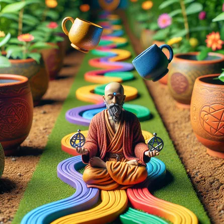 An adept individual of South Asian descent is elegantly juggling two objects shaped like pentacles, standing on a brightly coloured garden road that branches off in numerous directions, symbolizing a novice's spiritual exploration. In close proximity, there are two cups standing upright, indicative of a positive aura, while at the same time, three cups are intentionally toppled over onto the soil, representing sadness. The general ambiance of the scene is a harmonious fusion of mysticism and serenity.