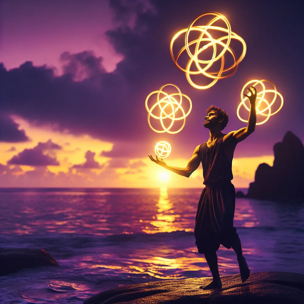 A South Asian male juggler stands on a rocky coastline as the sun sets, painting the sky with hues of purple and orange. He is expertly balancing two glowing golden pentacles that spin around him in a continuous and harmonious loop. The swishing sound of the sea echoes around him and the glow from the pentacles casts light on his determined face. Symbolically, the scene represents the delicate balance of life, portraying a constant juggler in every individual who strives to keep their life in equilibrium.