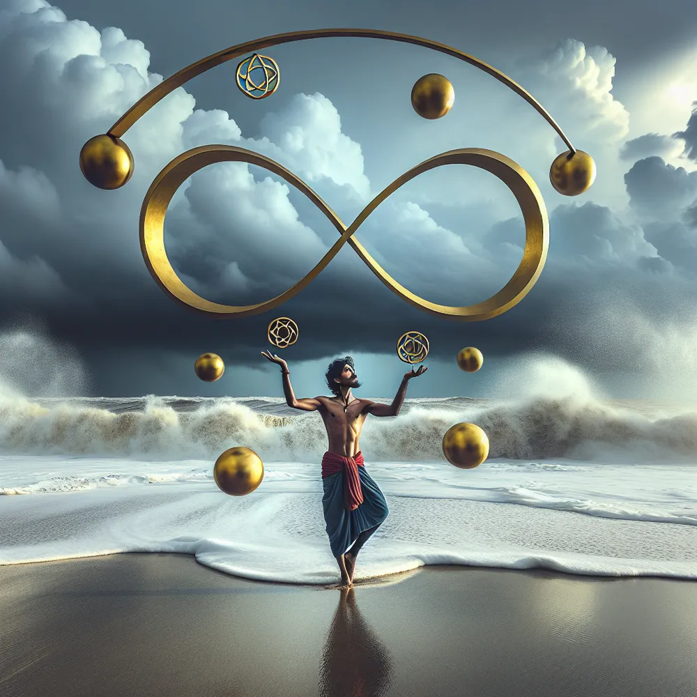An image of a South Asian male juggler on a beach during a storm. He's striking a balance with two golden pentacles that are positioned within an infinite loop. This intriguing scene is set against a backdrop of a turbulent sea. It creates a striking contrast between the juggler's equilibrium and the frantic ebb and flow of the stormy tide. The stormy clouds hover above, the waves crash against the shore, and amidst all this, stands the juggler poised and calm, personifying equilibrium in the face of ongoing flux.