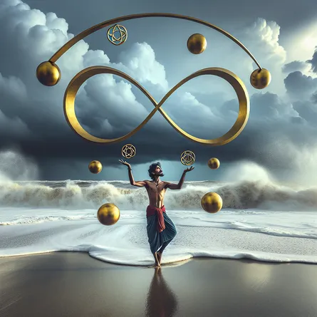 An image of a South Asian male juggler on a beach during a storm. He's striking a balance with two golden pentacles that are positioned within an infinite loop. This intriguing scene is set against a backdrop of a turbulent sea. It creates a striking contrast between the juggler's equilibrium and the frantic ebb and flow of the stormy tide. The stormy clouds hover above, the waves crash against the shore, and amidst all this, stands the juggler poised and calm, personifying equilibrium in the face of ongoing flux.