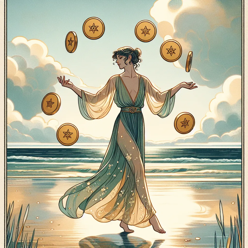 Create a magical and serene illustration of the Two of Pentacles tarot card. The image should depict a graceful figure skillfully juggling two coins, with one coin in each hand. The figure stands on a tranquil beach with a gentle ocean in the background, symbolizing the balance of life's responsibilities. The sea is calm and the sky partially cloudy, adding to the feeling of harmony. The color palette should include earthy tones with hints of gold to represent the coins, and mystic blues and greens in the surrounding landscape. The figure is dressed in flowing garments adorned with faint celestial patterns, capturing the essence of flexibility and resilience.