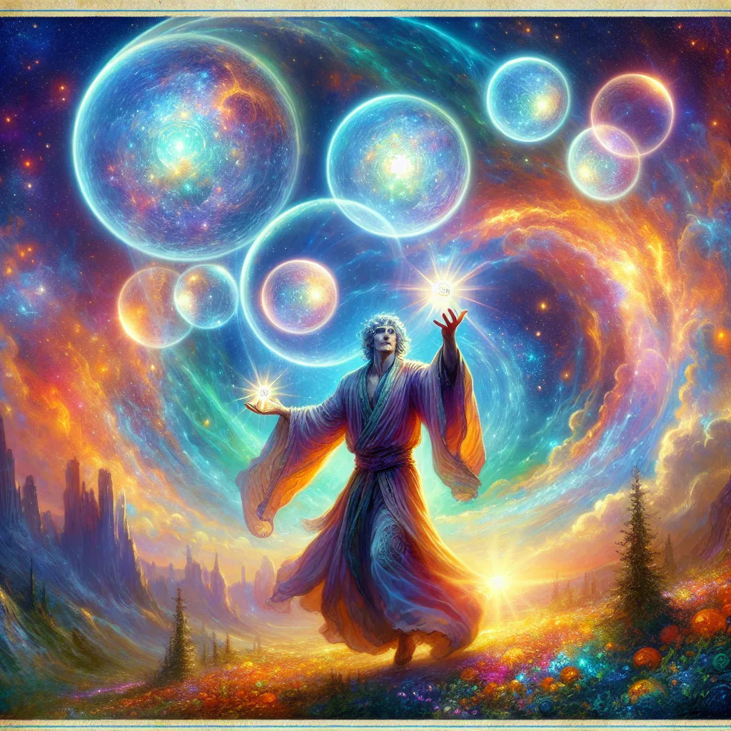 Create an image of a mystical juggler in an enchanting landscape. The juggler, wearing a flowing robe, skillfully balances two glowing pentacles in infinite motion. The background is a vibrant blend of cosmic elements, representing balance and harmony between contrasting forces, under a bright, swirling sky. The scene should radiate adaptability and serene control, capturing the essence of the Two of Pentacles from a tarot deck.