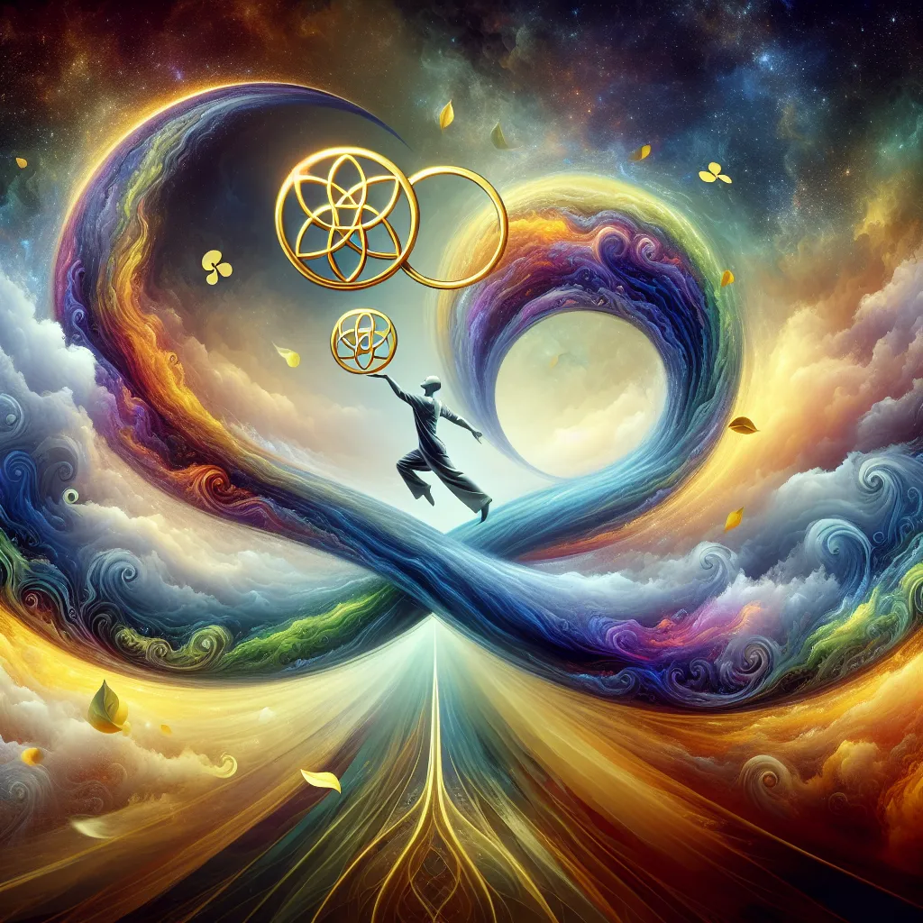 Create an intricate digital artwork illustrating a figure deftly juggling two golden pentacles, connected by a flowing infinity loop. The scene unfolds amid a dynamic background symbolizing life's ebb and flow — perhaps with gentle waves or a swirling wind. The figure stands gracefully balanced on a narrow path, surrounded by a vibrant interplay of colors to evoke a sense of harmony and adaptability. Incorporate elements of nature to suggest the cyclical balance of life, such as leaves or clouds, infusing the image with a serene yet lively energy.